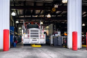 Semi truck in shop for service